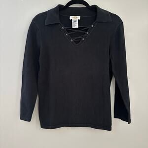 Talbots‎ collared strappy v neck black lightweight sweater